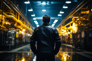 Wall Mural - Man standing in dark room with lights on the ceiling.