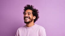 Happy Joyful Smiling Young Man Looking Aside Up Thinking Of New Good Opportunities, Dreaming, Feeling Inspired And Proud Standing Isolated On Purple Background.