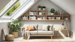 Cozy sofa against skylight window near grey wall with wooden shelf. Scandinavian interior design of modern stylish living room in attic 