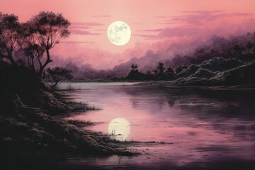 Wall Mural - Pink moon over the river drawing