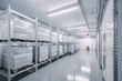 Storage room with shelves and racks for frozen food, air conditioning on wall, selective storage in warehouse. Generative AI