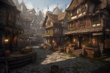 An illustration of a pirate ships tavern and other shops on either side in the middle of a medieval town, resembling a high-quality artwork in a fantasy genre. Generative AI