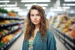 © id512 - a young beautiful woman shopping for groceries in supermarket, shopping in local supermarket, blurry background