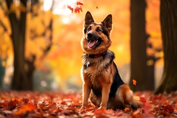 Wall Mural - Dog is sitting in the leaves of forest in the fall.