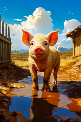 Wall Mural - Image of pig standing in puddle of water.