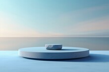 Minimal Cool-tone Background With Blue Stone Podium, Water, Sunshade Shadow, And A Cold Winter Mood. Realistic 3D Render Illustration. Generative AI