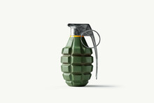 Isolated Metal Hand Grenade With White Background. A Dangerous Weapon Of War, Symbolizing Violence. 3D Illustration For Military And Combat Equipment. Throw Bomb