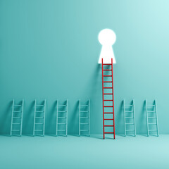 Poster - Stand out from the crowd business key to success and leadership concepts the long red different ladder aiming to bright key hole on light blue green pastel color background with shadows 3D rendering