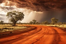 Australian Outback With Red Dirt Road, Bushes, And Thunderstorm. Generative AI
