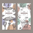 Two labels with parasol mushroom and enokitake mushroom sketch. Edible mushrooms series.