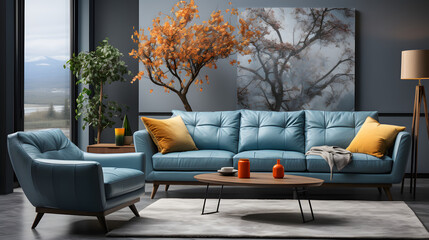 Wall Mural - Interior design of modern living room with blue sofas and gray armchair