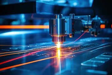 Poster - A close-up view of a machine cutting metal. This image can be used to depict industrial manufacturing processes or the use of technology in metalworking.