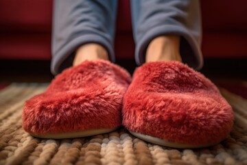 Sticker - A person is pictured wearing red slippers on a rug. This image can be used to depict relaxation and comfort.