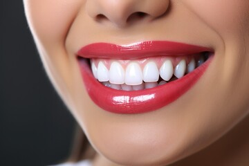 Sticker - A close-up view of a woman's smile with vibrant red lips. Perfect for beauty, fashion, or cosmetic-related projects.