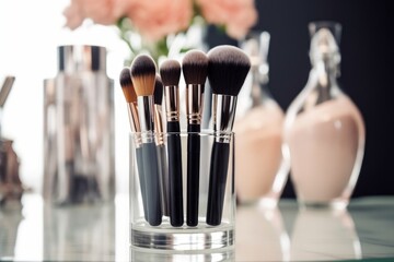 makeup brushes in a glass. clean professional makeup brushes set for make-up artist, cosmetics, make