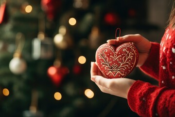 Poster - A woman is holding a red heart ornament in front of a beautifully decorated Christmas tree. This picture can be used to symbolize love and affection during the holiday season.