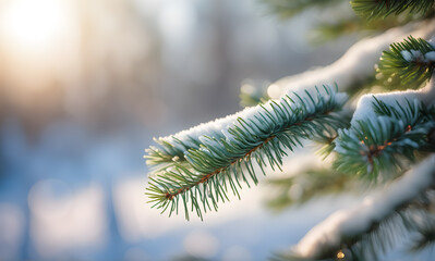Aufkleber - Winter fir tree branch with snow and sunlight bokeh