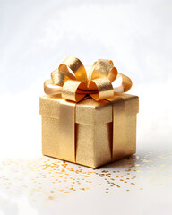 Sticker - A beautiful gold Christmas present on a solid color background - festive glitter and ribbons design