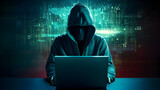 Fototapeta Konie - Hacker with computer laptop. Concept of cybercrime, cyberattack, dark web.