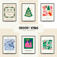 Merry Christmas and Happy New Year vertical flyer or poster template. Modern trendy Matisse minimal style. Hand drawn design for wallpaper, wall decor, print, postcard, cover, template, banner.