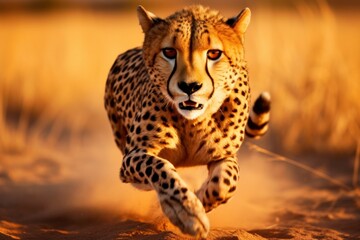 Canvas Print - A cheetah running across a dry grass field. Suitable for wildlife and nature themes.