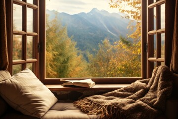Wall Mural - An open window with a book and a blanket placed on it. This image can be used to depict relaxation, cozy reading nooks, or a peaceful ambiance.