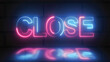 Bright neon text close web banner. Neon text close isolated on bricks background