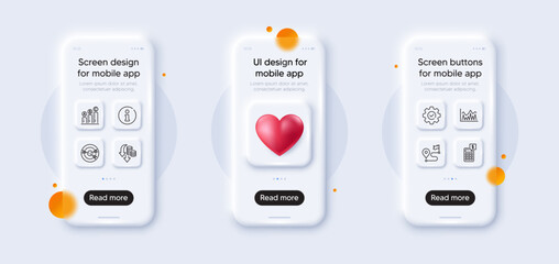 Journey, Deflation and Investment line icons pack. 3d phone mockups with heart. Glass smartphone screen. Execute, Calculator, Graph chart web icon. Targeting, Info pictogram. Vector
