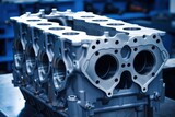 Fototapeta  - cylinder block of diesel engine repair.  Close-up of the cylinder block in blue tone.  Car engine cylinder heads. Industry car service concept, Generative AI
