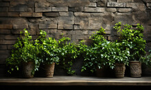 Green Ivy In Pots Near A Brick Wall.