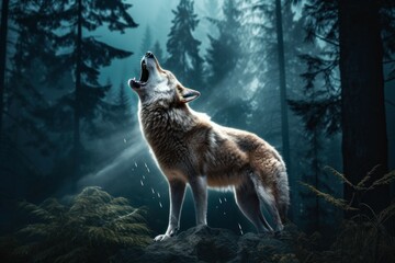 Poster - A powerful wolf standing confidently on top of a rock in a dense forest. Perfect for nature and wildlife enthusiasts looking for a captivating image of the majestic predator in its natural habitat.