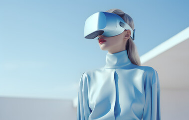 Wall Mural - Young woman wearing a mixed reality headset and experiencing simulation, metaverse and cyberspace.