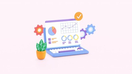 3d animation of laptop and graphics, Financial diagram and charts. Software, web development, programming concept. Abstract graphs and diagrams for business  on screen. Internet page or web interface