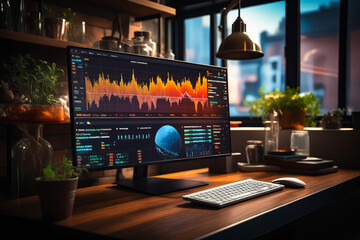 Poster - Computer monitor sitting on top of wooden desk next to keyboard.