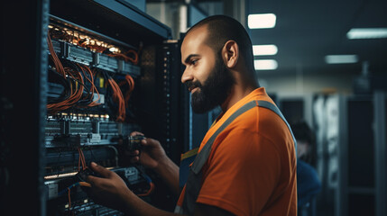 Portrait of male engineer with laptop while running servers in data center. Business technology. Close-up. Banner.