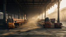 A Weathered Train Station Platform Adorned With Wooden Benches And Antique Luggage.