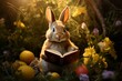 Easter bunny with eggs in a child's book. Generative AI
