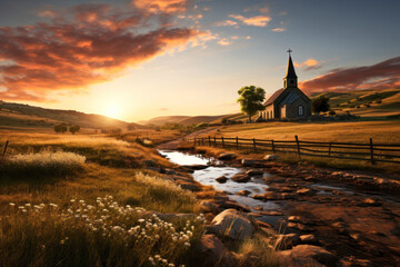 Wall Mural - Beautiful countryside landscape with serene setting with a rustic stone church in the distance Generative AI Illustration