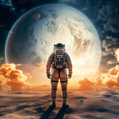 Wall Mural - silhouette of an astronaut on the top of a mountain above the clouds looking at the planet on the ho