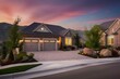 House garage with driveway and sidewalk at daybreak in Utah. Generative AI