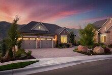 House Garage With Driveway And Sidewalk At Daybreak In Utah. Generative AI