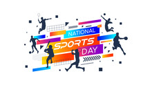 Sports Background, National Sports Day Celebration Concept, With Abstract Geometric Ornament And Illustration Of Sports Athlete Football Player, Badminton, Basketball, Baseball, Tennis, Volleyball