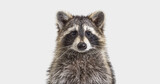 Fototapeta Zwierzęta - head shot of a young Raccoon facing at the camera, on grey background
