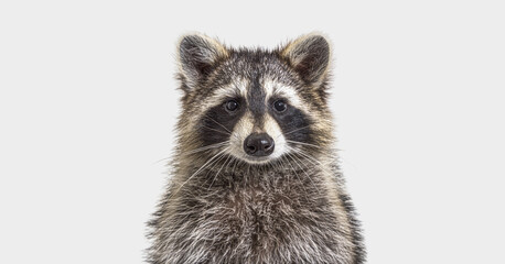 Wall Mural - head shot of a young raccoon facing at the camera, on grey background