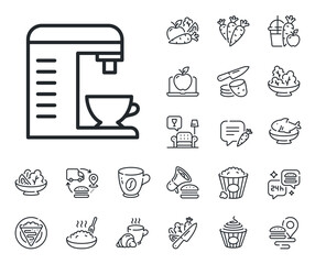 Wall Mural - Hot drink sign. Crepe, sweet popcorn and salad outline icons. Coffee machine line icon. Fresh beverage symbol. Coffee machine line sign. Pasta spaghetti, fresh juice icon. Supply chain. Vector