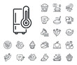 © blankstock - Fridge sign. Crepe, sweet popcorn and salad outline icons. Single chamber refrigerator line icon. Freezer storage symbol. Refrigerator line sign. Pasta spaghetti, fresh juice icon. Vector