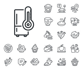 Wall Mural - Fridge sign. Crepe, sweet popcorn and salad outline icons. Single chamber refrigerator line icon. Freezer storage symbol. Refrigerator line sign. Pasta spaghetti, fresh juice icon. Vector