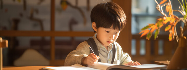 Poster - Little boy draws sitting at a table