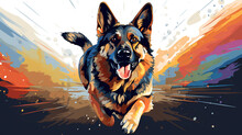 Adorable German Shepherd Dog Running Illustration Vector In Abstract Mixed Grunge Colors Digital Painting In Minimal Colorful Graphic Art Style. Digital Illustration Generative AI.
