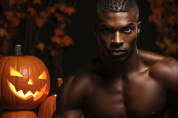 Wall Mural - Creative abstract generative ai collage photo of strong bodybuilder celebrate halloween night sales concept
